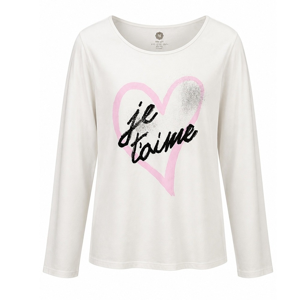 Total Girl Kids XXL 18.5-20.5 Plus White Je t'aime Heart Glitter Long Sleeve Tee
